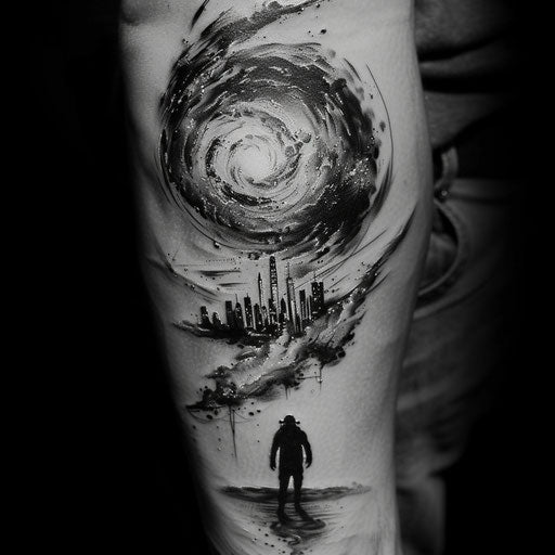 Tattoo for men with cosmic scene, Steve McNiven style