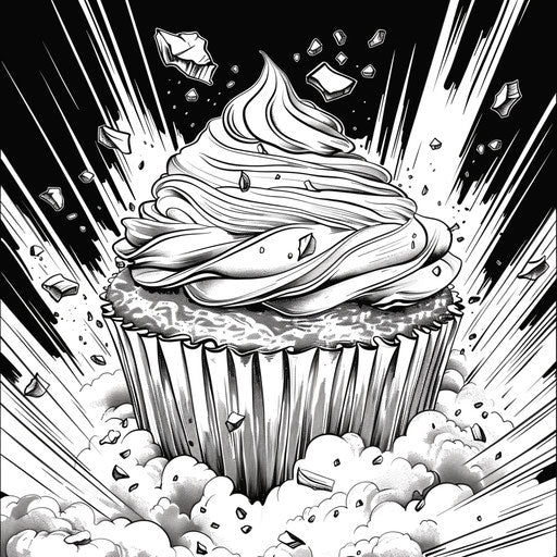 Action-themed cupcake with dynamic elements in the style of Mike Zeck