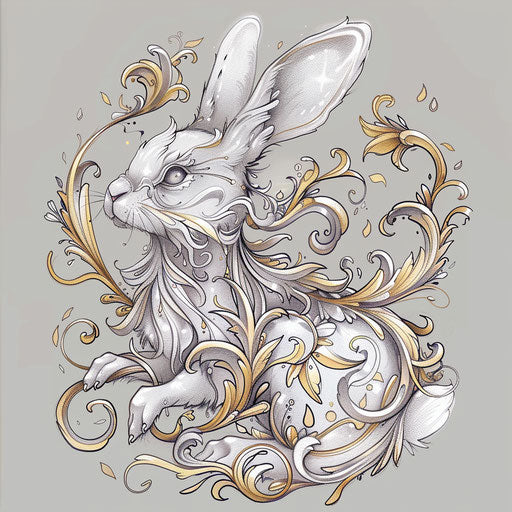Elegant flat tattoo sketch of a bunny with art nouveau swirls in silver and gold tones