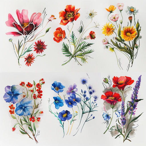Impressionistic wildflower tattoos on white background
