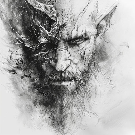 Dual nature in monochrome: Reflective tattoo sketch of visage