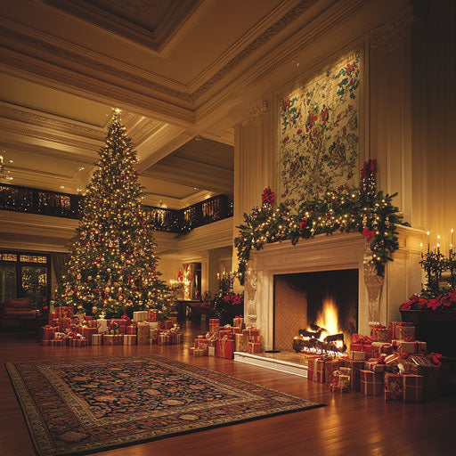 Luxurious fireplace with Christmas tree and presents