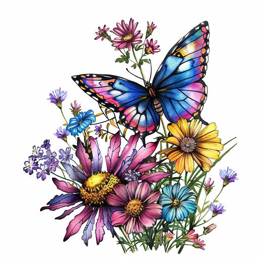 Butterfly with a bouquet of wildflowers, colorful and bright tattoo design, on a white backdrop.