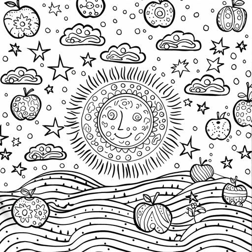 Child-friendly scene with apples, sun, and clouds