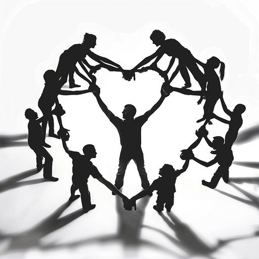 Silhouetted figures forming heart shape hand in hand