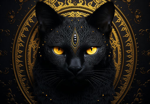 Symmetrical all black cat in dark yellow and dark gold style