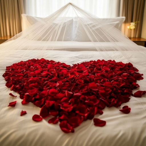 Heart of red rose petals on white bed with large veil