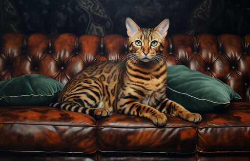 Bengal cat rests on large leather couch, primitivist style