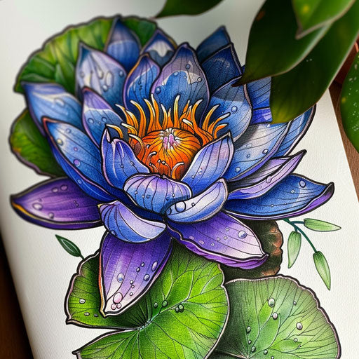 Intricately detailed water lily tattoo design in vibrant colors