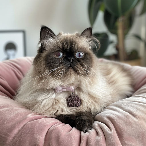 Himalayan cat with a cute collar, sitting on a plush pink cushion