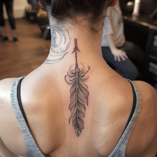 Feather and arrow tattoo on neck