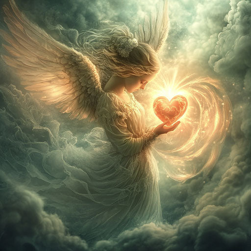 Guardian angel with a glowing heart in swirling clouds