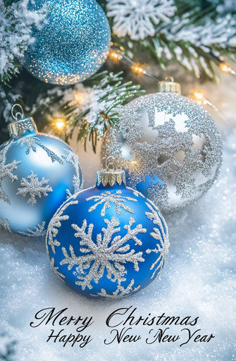 Festive Christmas ornaments and snowflakes in blue, silver, white, gold