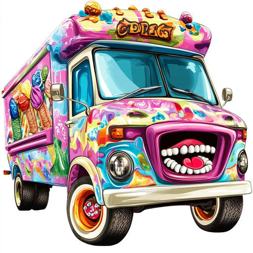 Humorous caricature of ice cream truck with human traits