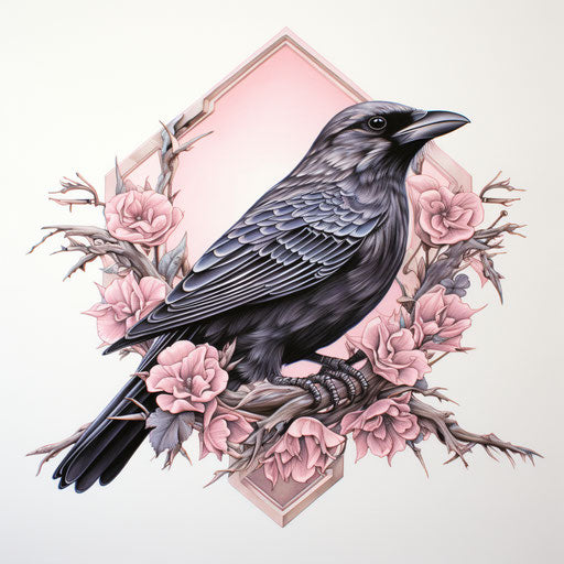 Black and white raven tattoo, traditional Japanese style