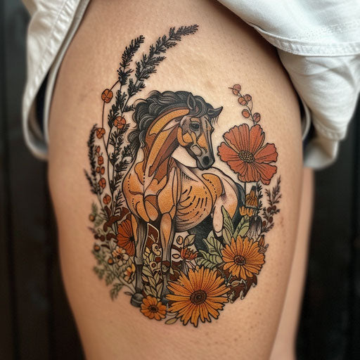 Wildflower tattoo with horse, earthy tones, dynamic pose, nature scene