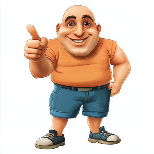 Humorous caricature of a successful character with human traits, exaggerated button nose, muscular legs, vibrant colors, cartoon style, pointing, high resolution, no background, isolated