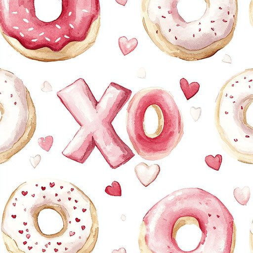Valentine's Day-themed doughnuts pattern with hearts and 'XO'