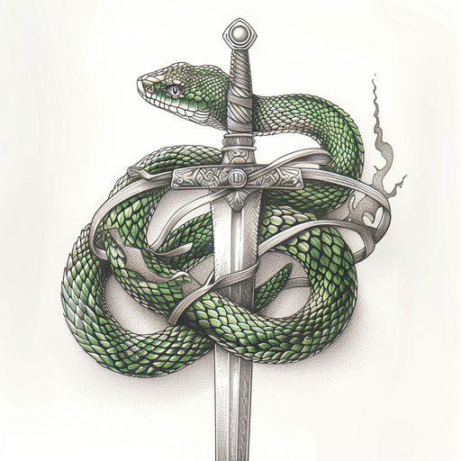 Sketch of a snake wrapped around a sword with patterns, in green and silver, on white background.