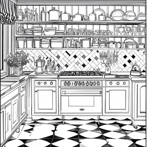 Elegant kitchen, flowing lines and patterns, Megan Hess style