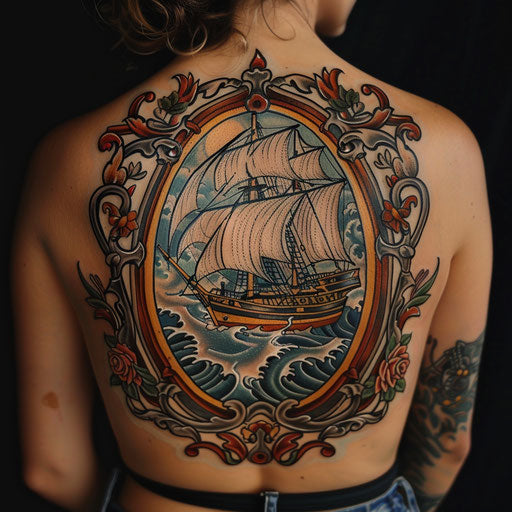 Nautical-themed back tattoo: ship and waves
