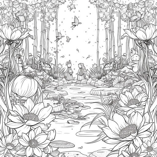 Fantasy floral garden with magical creatures in the style of Mamoru Hosoda