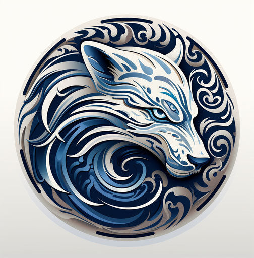 Howling wolf logo with blue tribal motifs in a circle