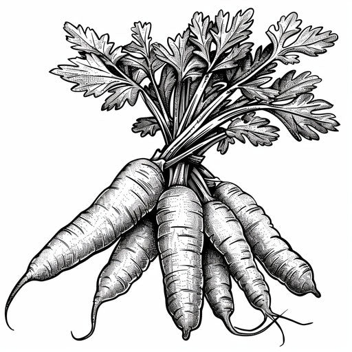 Detailed illustration of fresh carrots with leafy tops. Coloring book page