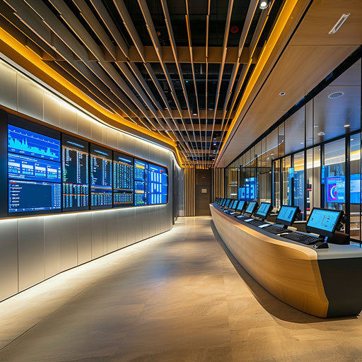 Modern bank interior with digital information screens
