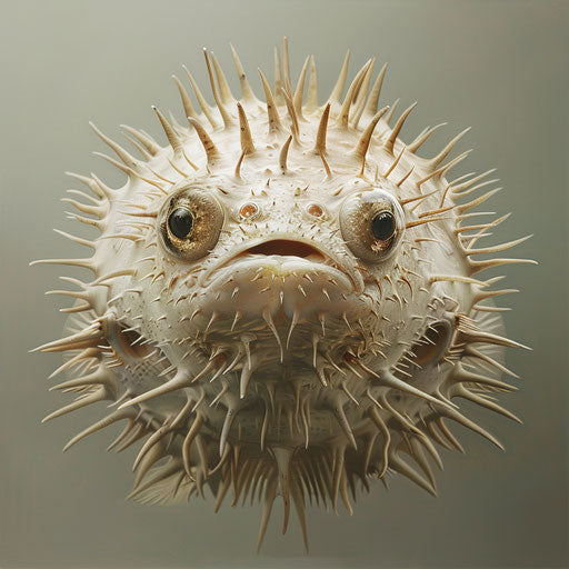 Puffer fish with its spines extended, in the style of Simen Johan