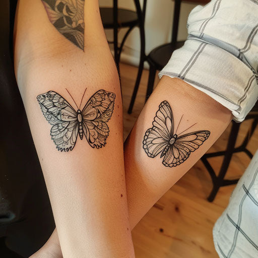 Matching tattoos for friends of a butterfly, in the style of Maria Sibylla Merian
