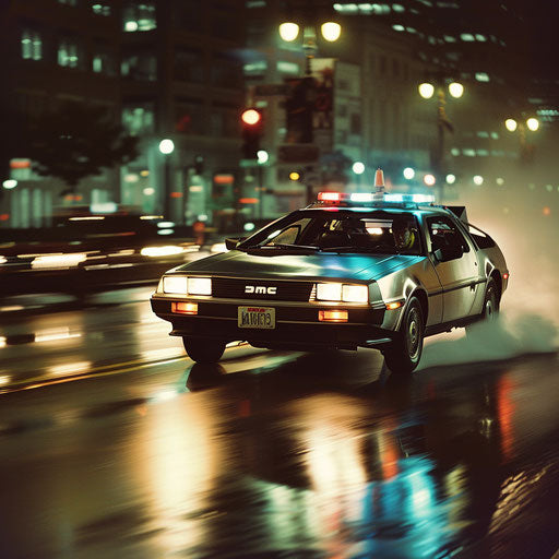 High-speed urban chase in DeLorean DMC-12 1981 police interceptor with sirens and emergency lights