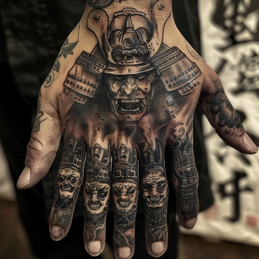 Knuckle tattoos of a samurai, in the style of Ami James