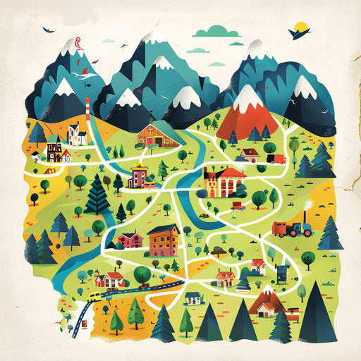 Playful cartoon map logo with bright colors and fun landmarks