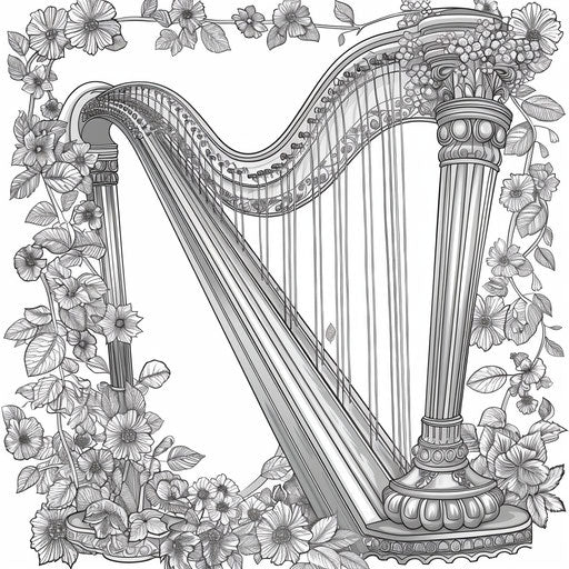 A detailed illustration of a harp with elegant strings. Coloring book page