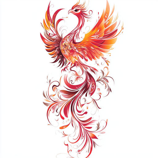 Arm tattoo with red and orange phoenix on white background