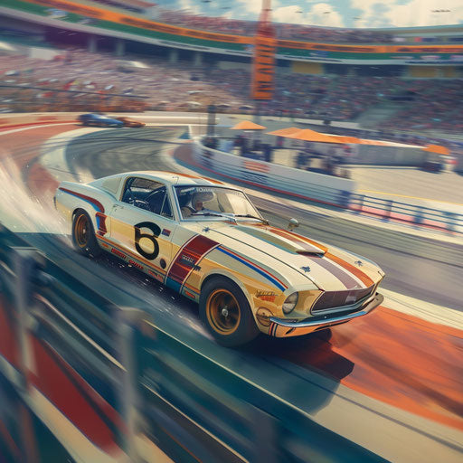 Numbered racer with stripes on racetrack, full grandstand