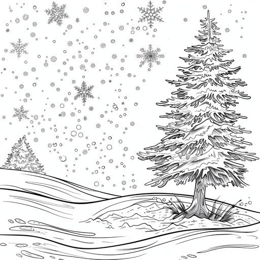 Snowy landscape with a lone pine tree and soft snowflakes