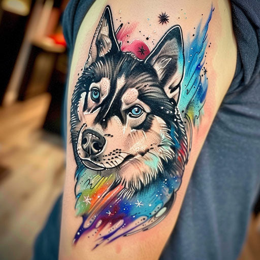 Surreal flat tattoo sketch of a husky with eyes reflecting the northern lights