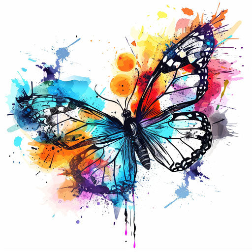 Artistic flat tattoo sketch of a watercolor butterfly with splashed ink effect, vibrant colors, clipart style