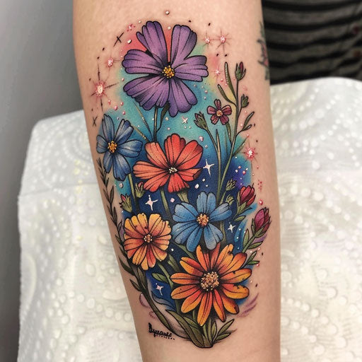 Wildflower tattoo with starry sky and cosmic colors