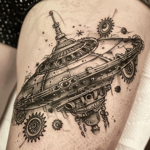 Steampunk UFO tattoo with gears and pipes on white background