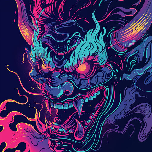 Modern flat tattoo of a Japanese demon with digital neon effects
