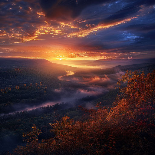 Pocono Mountains at sunrise with mist rising from the valleys
