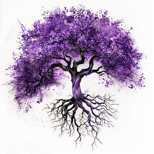Purple tree of life with roots and branches, detailed on white background