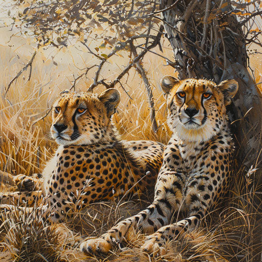 Two cheetahs resting in the shade in the sunny savannah