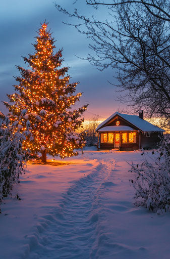 Christmas card with Christmas tree and house in the snow