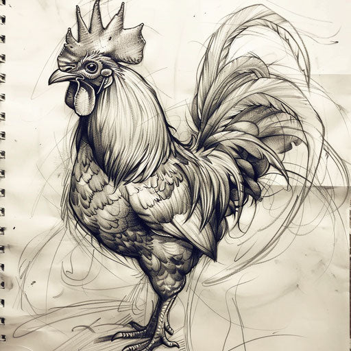 Sketch-style rooster tattoo on white paper