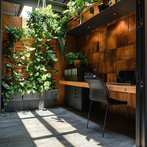 Eco-friendly home office with sustainable materials and greenery