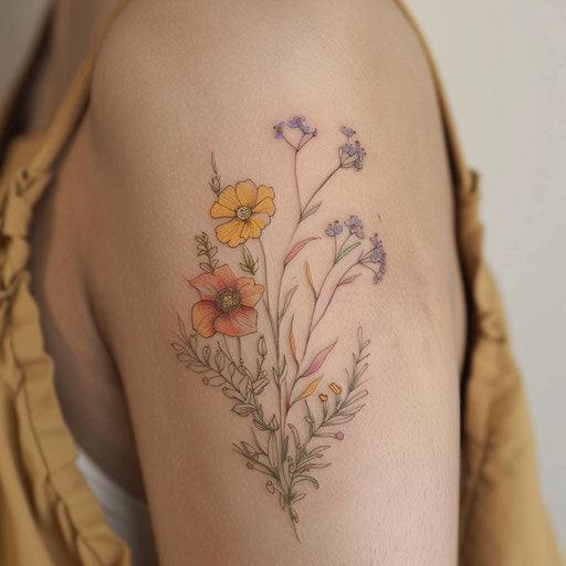Gentle wildflower tattoo, pastel palette, delicate lines, feminine and delicate